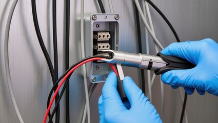 Electrician hands in blue gloves using wire stripper on cables. Professional technician performing electrical maintenance on junction box
