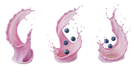 Dynamic magenta-violet berry yogurt splashes with suspended indigo blueberries in explosive frozen motion, macro close-up with rim light, on brilliant white. Commercial dairy advertising