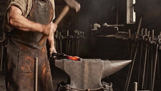 Crafting with Fire and Steel: A blacksmith, clad in a leather apron, skillfully hammers a red-hot metal rod on a sturdy anvil, showcasing the timeless art of metalworking and the forge's fiery heart.