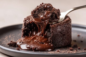 Decadent chocolate lava cake with molten center, served on a black plate, showcasing rich textures and inviting presentation, perfect for dessert lovers and culinary enthusiasts