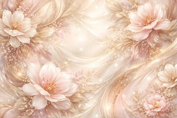 Elegant floral background with delicate pink and gold flowers soft waves and sparkling glitter