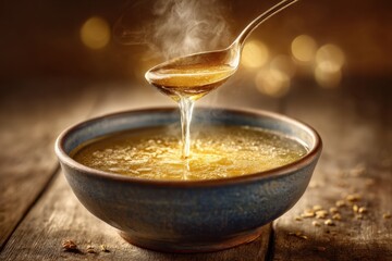 Golden honey being poured from a spoon into a rustic blue bowl, with steam rising and a warm, inviting atmosphere, showcasing the natural sweetness and culinary delight