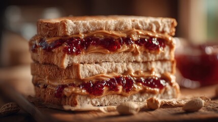 Delicious peanut butter and jelly sandwich stacked high on wooden board, showcasing creamy texture and vibrant colors, perfect for food photography and culinary inspiration