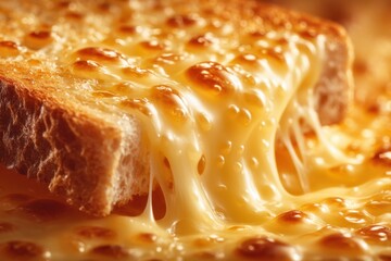 Melted cheese oozing from toasted bread, showcasing a deliciously gooey texture, with a warm golden hue, creating an inviting and appetizing culinary scene