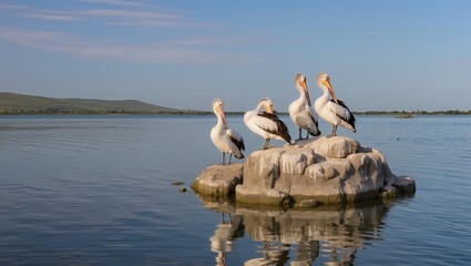 Group of four white pelicans standing on a rock in a lake. Wild birds resting and preening in natural wetland habitat. Scenic landscape with copy space
