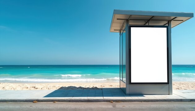Blank advertising display stands on the shore. Empty billboard stands near the sea with ocean view. Marketing concept on tropical beach for ad. Digital sign outdoor in sunny summer weather.