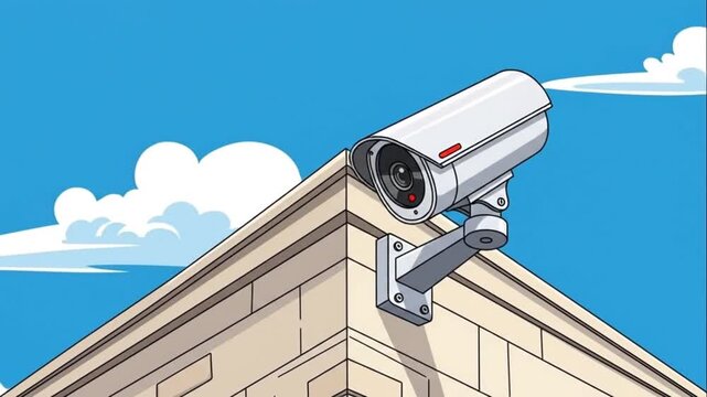 CCTV Camera Security Monitoring Cartoon Building Exterior Sky