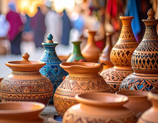 A vibrant display of traditional handcrafted pottery with intricate patterns at a bustling