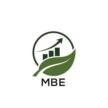 MBE Green Growth Logo with Leaf and Upward Chart. MBE Business, Finance, Investment & Eco. MBE Branding Icon
