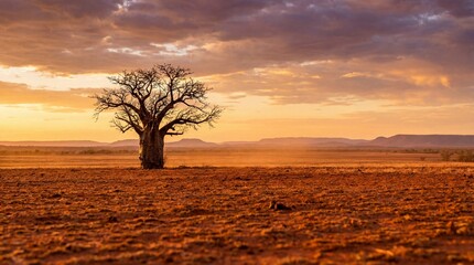 A lone, majestic baobab tree stands silhouetted against a vast, breathtaking savannah landscape during the golden hour, its gnarled branches reaching towards a dramatic, sunset-painted sky.