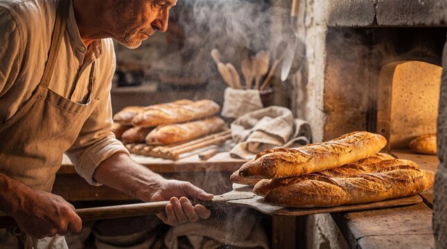 A baker carefully removes freshly baked bread from a traditional brick oven. A rustic, warm scene showcases the art of baking with delicious bread and a focused baker.
