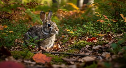 Wild bunny rests peacefully amidst autumn foliage in a sunlit forest.