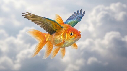 A surreal and captivating depiction of a goldfish with feathered wings soaring through the cloudy sky, combining elements of fantasy and wonder.