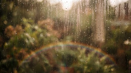 Fototapeta premium A serene vista, raindrops gently cascade on the window pane, where a vibrant rainbow emerges after the storm, bridging the landscape of a lush garden.