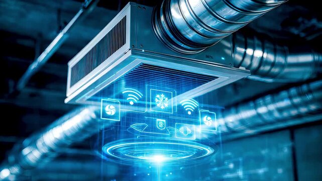 Smart HVAC ventilation system with digital airflow monitoring, energy efficiency controls and modern building climate management technology