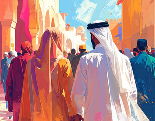 Vibrant Middle Eastern Market Scene with People in Traditional Attire Moving Through a Historic