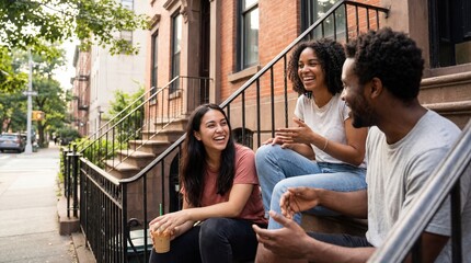 Three friends share laughter and good times while sitting on steps of a building. Their bright smiles and relaxed postures radiate happiness.