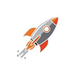 Naklejka premium Stylized rocket ship launching into space with fire exhaust, business startup and success concept cut-out with transparency for creative projects.