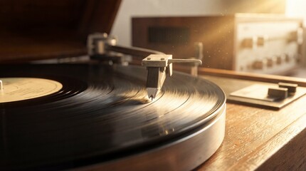 A vintage record player plays a vinyl record, capturing the nostalgia of analog music. The warm sunlight casts a soft glow on the turntable, adding a sense of timeless elegance.