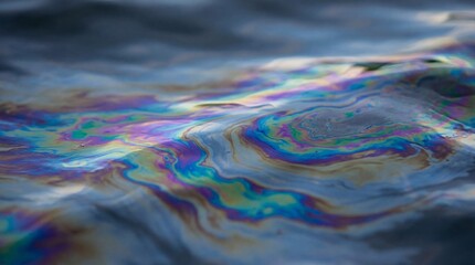 Fototapeta premium An oil spill on the water surface, creating a vibrant, multicolored sheen. A stark visual representation of environmental pollution, revealing the detrimental impact on the aquatic environment. 