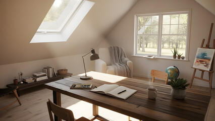 Minimal desk setup with chair and book