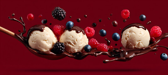 Delicious vanilla ice cream topped with chocolate sauce and mixed berries in a wooden spoon floating
