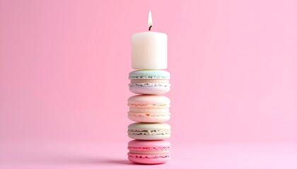 A surreal stack of macarons absurdly topped with a lit candle on a pink background