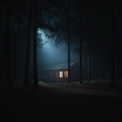 Mysterious cabin in dark forest with illuminated windows and moonlight