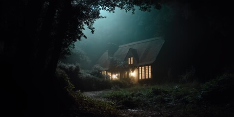 Enchanted forest cottage illuminated at night with glowing windows