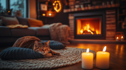 cozy living room interior with lit candles, a warm rug, soft cushions, and a cat sleeping near the fireplace