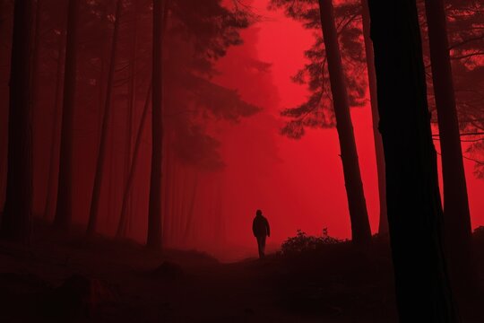 Silhouette of person walking in misty red forest at dusk