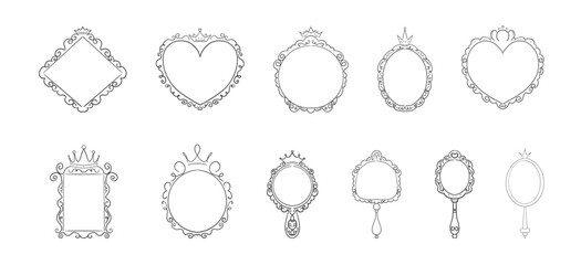 Princess frame mirror set line fairy. Whimsical cute doodle mirrors with crown for baby princess. Collection elegant pastel decor. © Alyona