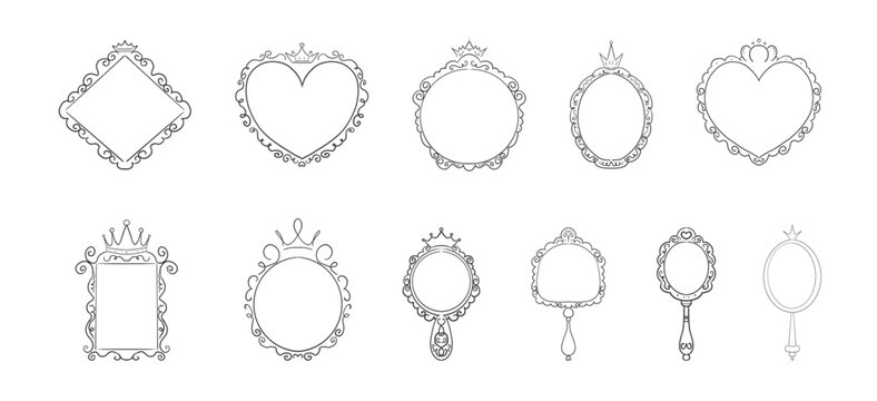 Princess frame mirror set line fairy. Whimsical cute doodle mirrors with crown for baby princess. Collection elegant pastel decor.