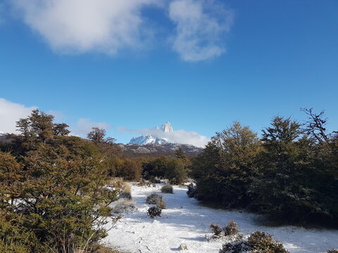 View of Mt Fitz Roy with Low Clouds, Hike to Loma del Pliegue Tumbado, El Chalten in Patagonia, Argentina