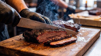 Expert hands expertly slice through a juicy, smoked brisket on a rustic wooden cutting board, the aroma of delicious food fills the air, showcasing the culinary artistry.