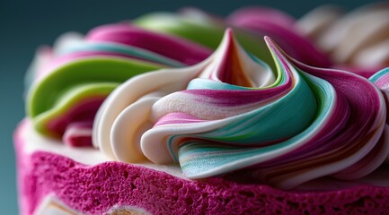 Colorful whipped cream or frosting swirl with visible texture. Sweet dessert food background for bakery or candy advertisement.