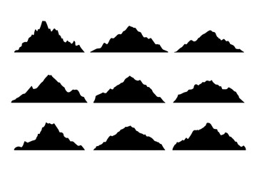 Set of silhouette mountain landscape vector icon set with snowy peaks trees and nature symbols