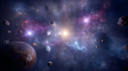 Obraz premium Radiant cosmic vista of vibrant planets nebulae asteroids serene space atmosphere inspires wonder