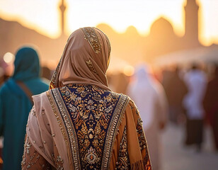 A person in beautiful traditional attire walking through a vibrant, sunlit cultural marketplace