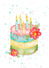 Watercolor birthday cake with candles and floral decoration, hand painted clip art.