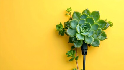 A surreal arrangement of succulents absurdly sprouting from an electrical plug on a bright yellow background