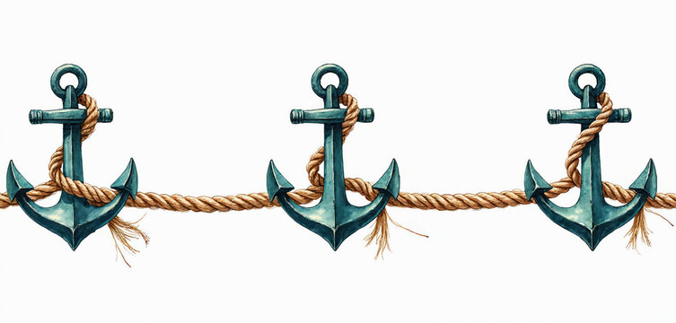 Seamless border featuring anchors, rope in watercolor style. Nautical artwork perfect for backgrounds decorations. Marine design element, used as textile print for nautical theme decor. Sea design.