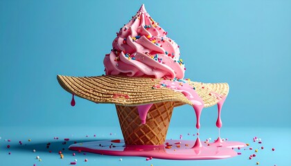 A surreal and absurdly decorated waffle cone filled with pink ice cream topped with sprinkles and a straw hat on a blue background.