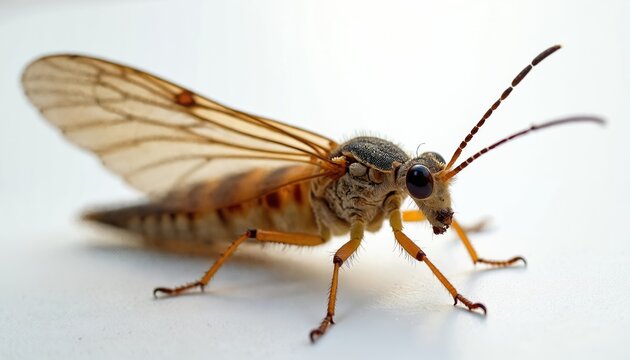 Macro view of caddisfly insect with transparent wings detailed legs antennae and large eyes. Small creature on white background shows natural beauty.