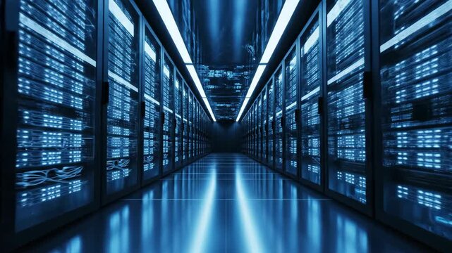 Futuristic server room with blinking blue lights in a modern data center. Moving forward through a corridor of computer racks with reflections. Cloud computing and digital storage concept