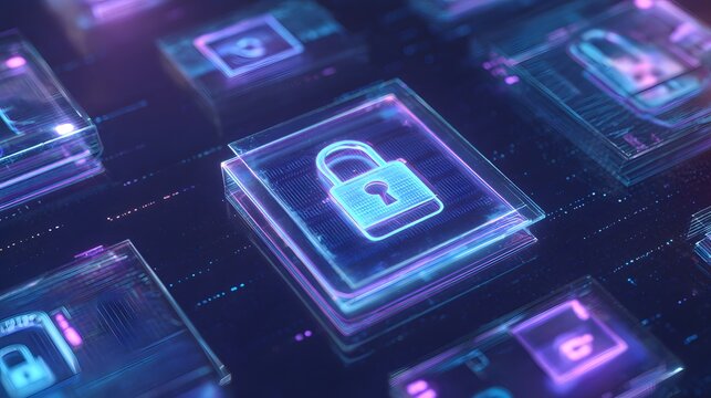Secure digital banking future innovative technology safeguarding online data with holographic lock design - Powered by Adobe