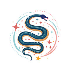 Obraz premium An abstract vector illustration of a wild viper snake in a mosaic pattern design, featuring a decorative serpent symbol on a blue background as a nature-themed postage stamp or artistic wildlife emble