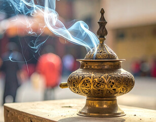 Ornate brass incense burner emitting fragrant smoke during a traditional ceremony or ritual