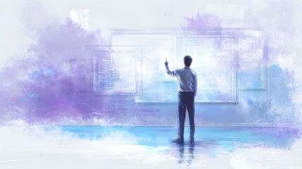 Futuristic business innovation watercolor illustration of AI interaction serene digital technology concept