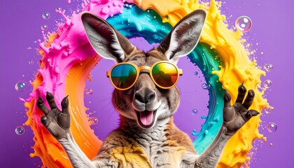 Vibrant kangaroo in stylish sunglasses bursts from a dynamic explosion of colorful rainbow splashes, radiating joy and playful energy against a cheerful purple background
